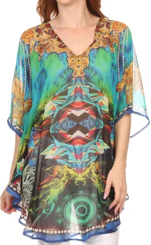 Sakkas Sola Wide Long Tall Printed V-Neck Sleeveless Rhinestones Poncho Blouse Top