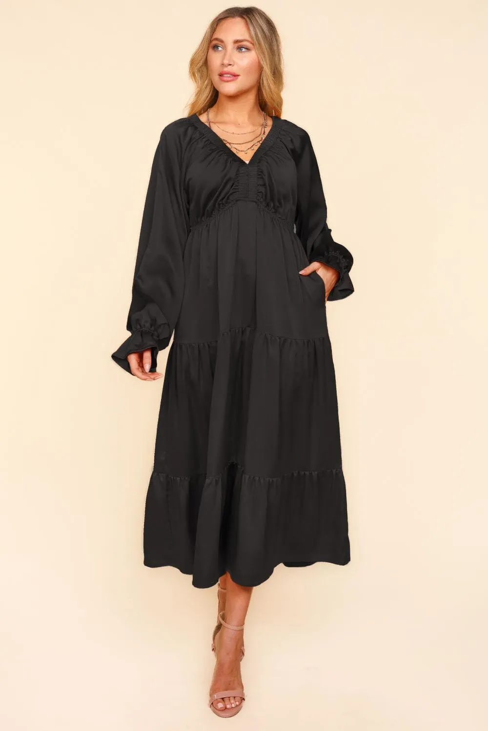 Satin Babydoll Maxi Dress - Black