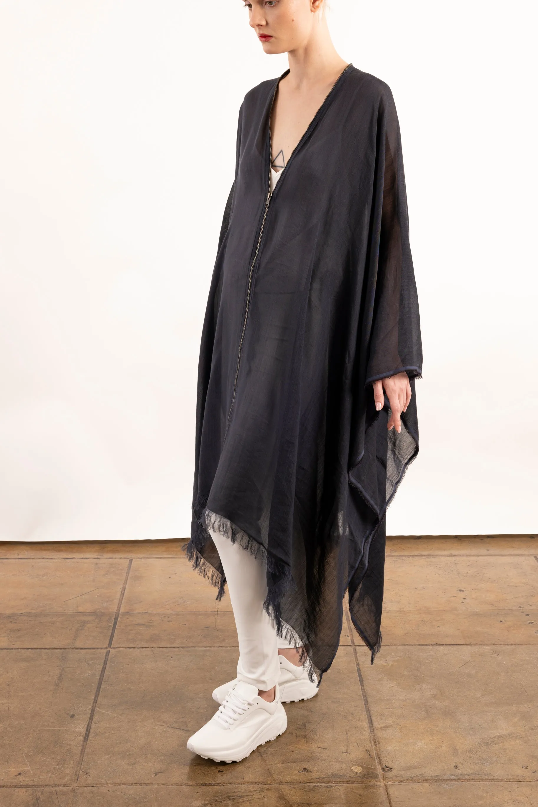 Sheer Ramie Zip Up Poncho - YORI