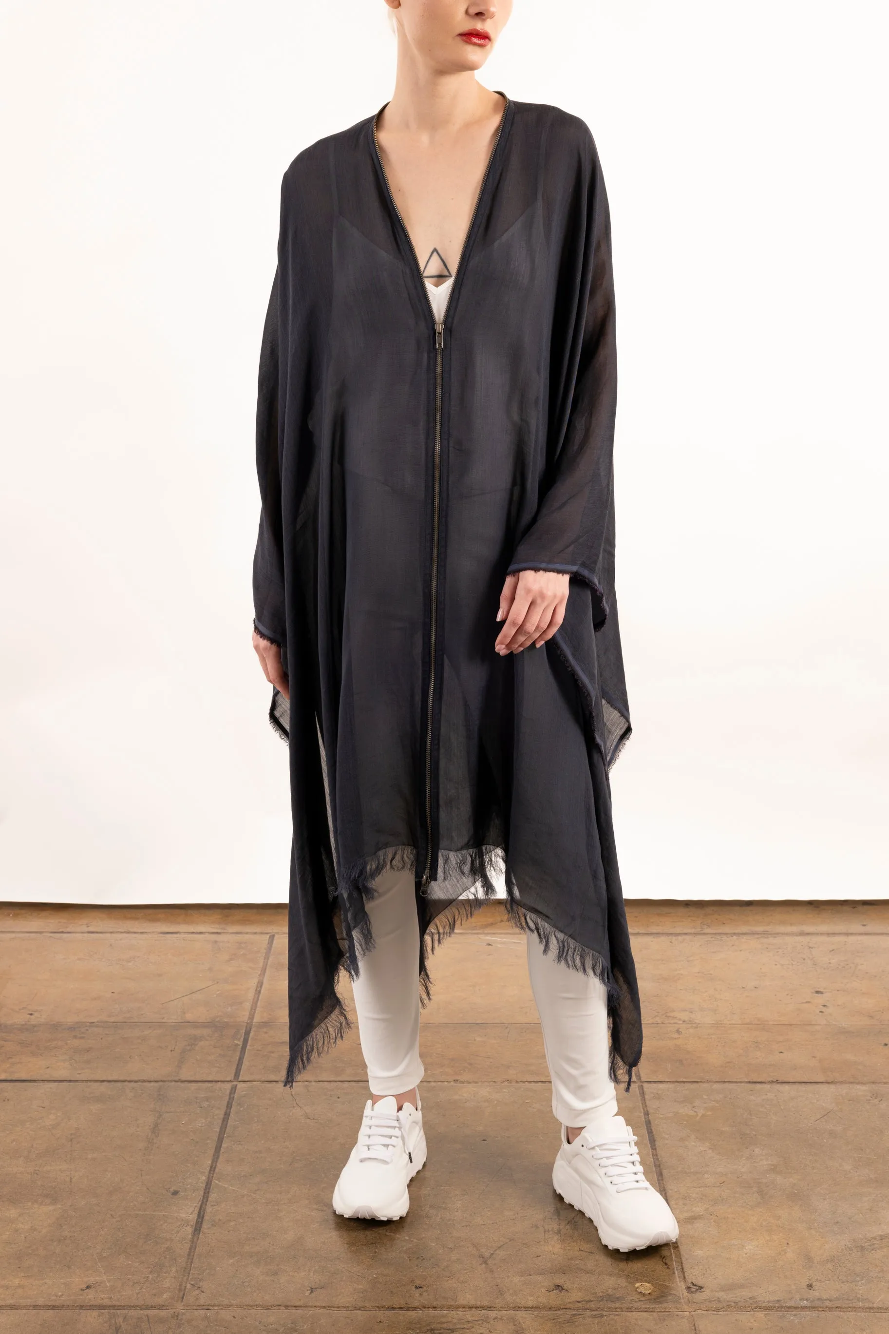 Sheer Ramie Zip Up Poncho - YORI