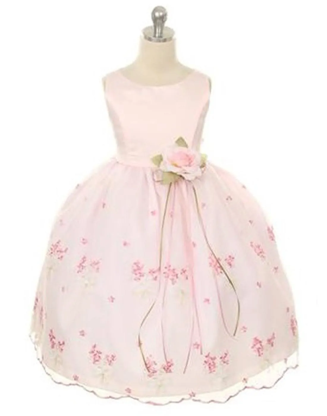 Shimmery Satin Bodice and Floral Embroidered Organza Overlay Skirt Dress - Pink