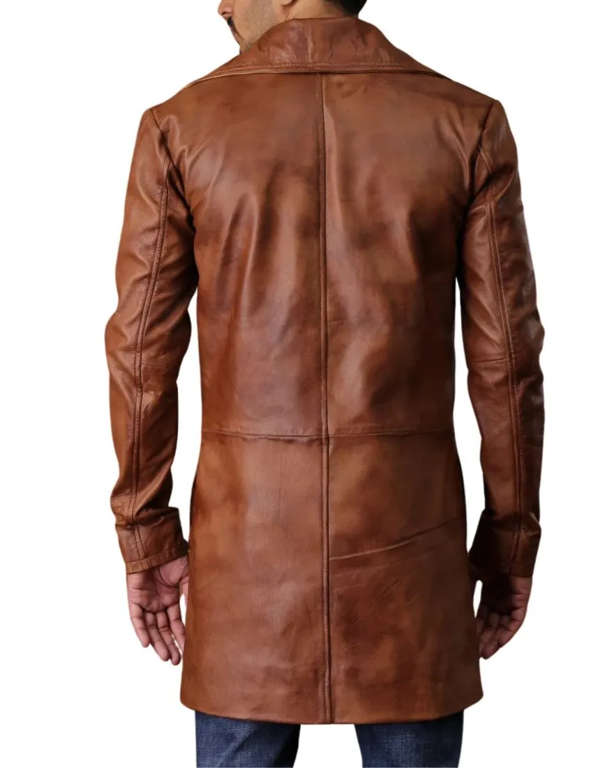 Short Leather Trench Coat Brown