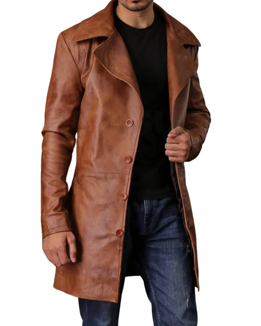 Short Leather Trench Coat Brown