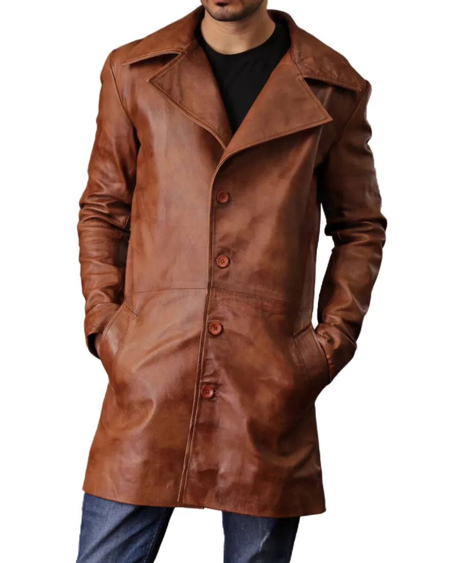 Short Leather Trench Coat Brown