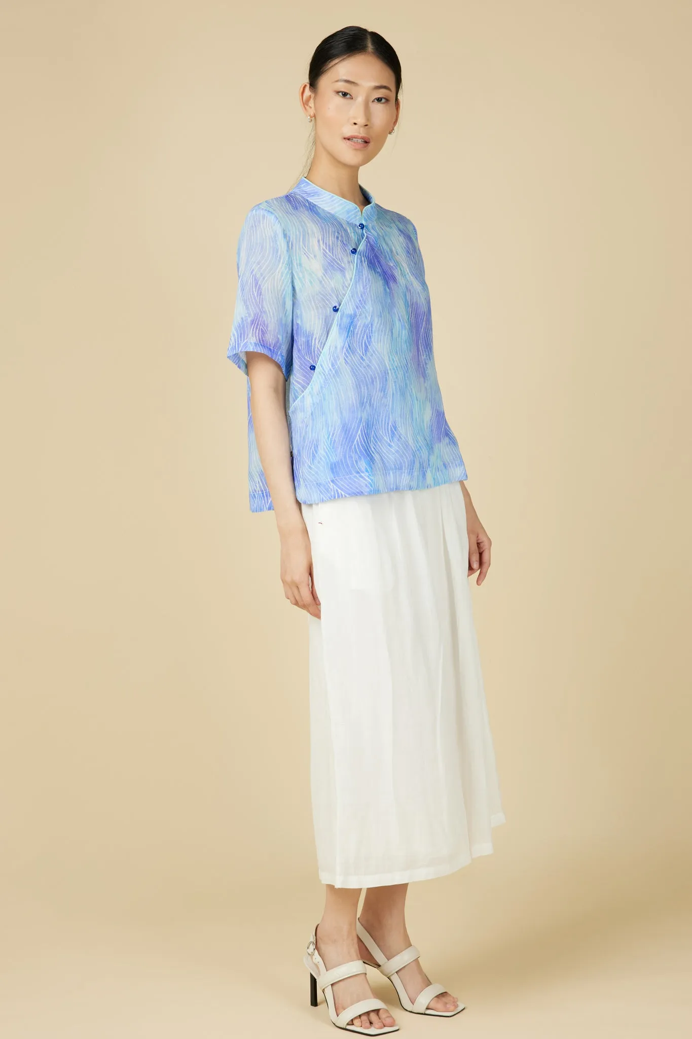 Short Sleeve Cheongsam Top - Abstract Waves