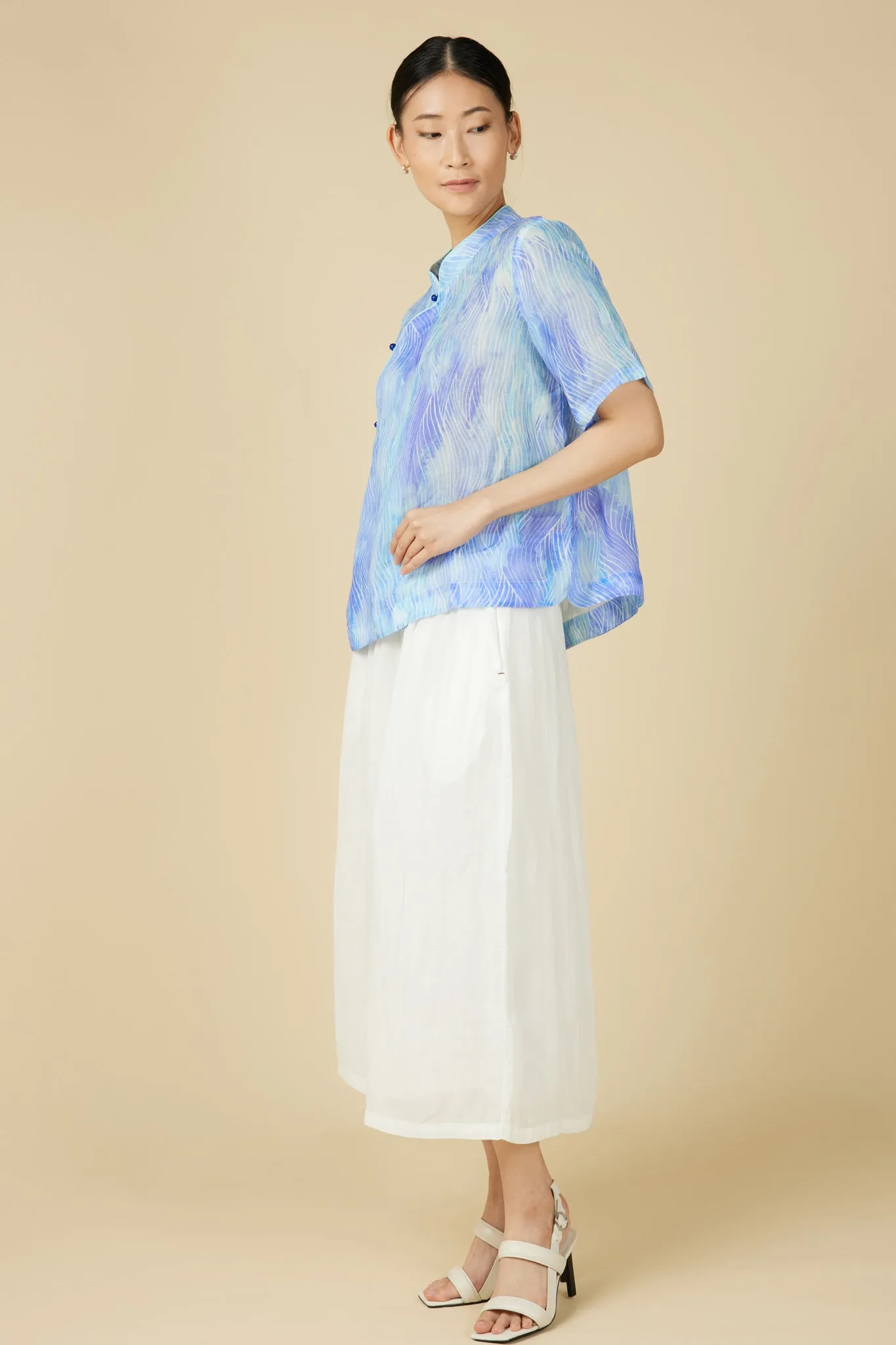 Short Sleeve Cheongsam Top - Abstract Waves