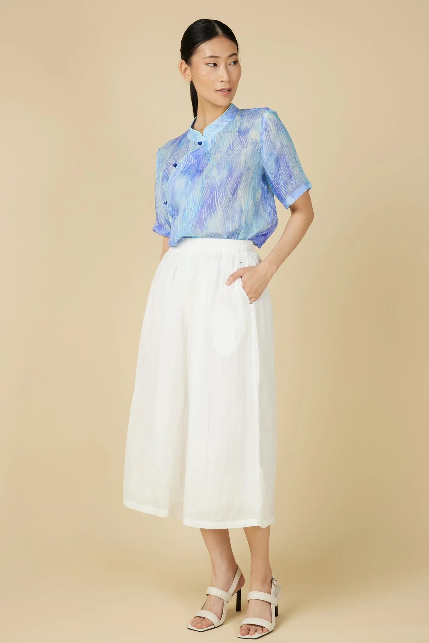 Short Sleeve Cheongsam Top - Abstract Waves