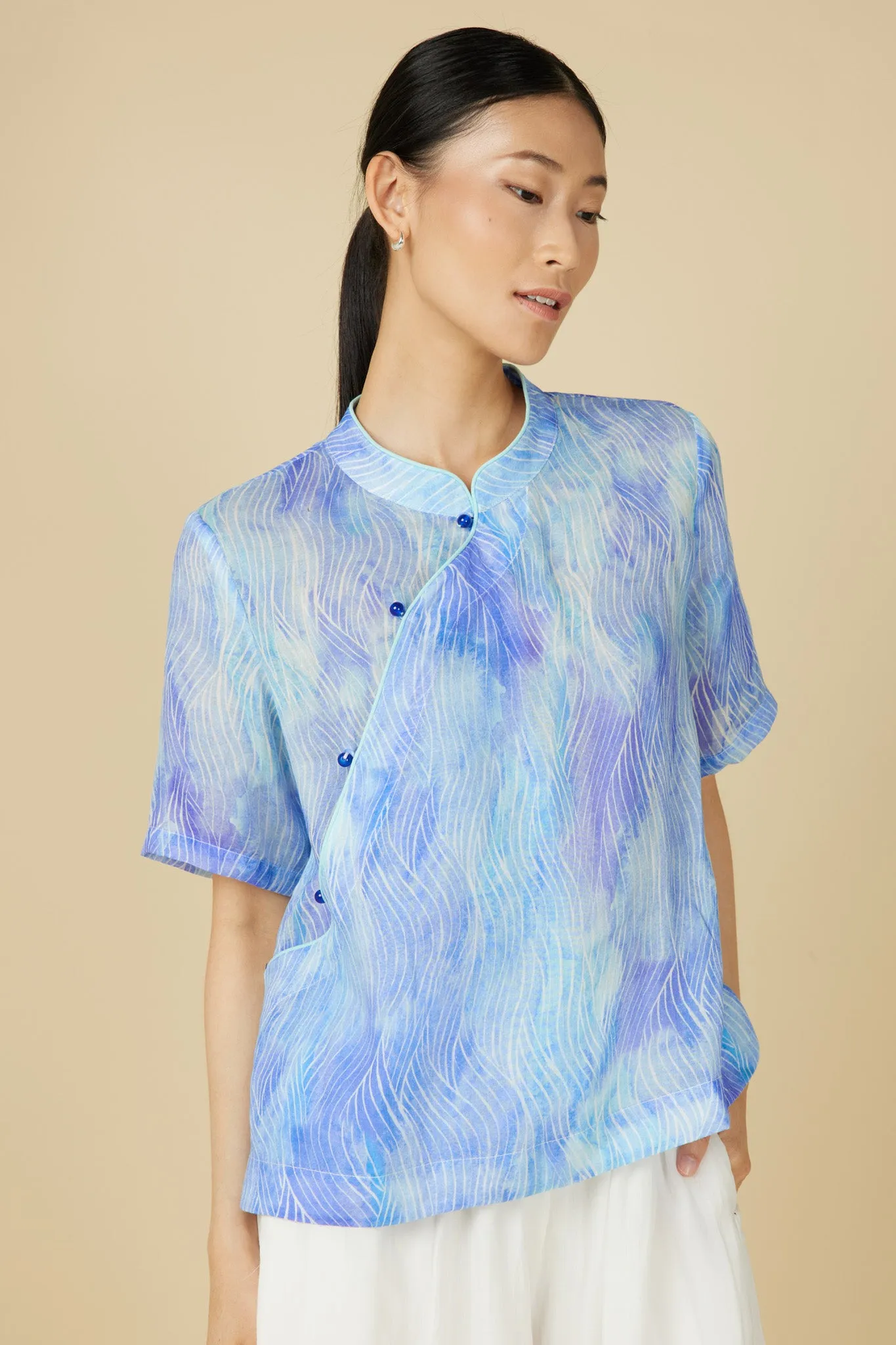 Short Sleeve Cheongsam Top - Abstract Waves