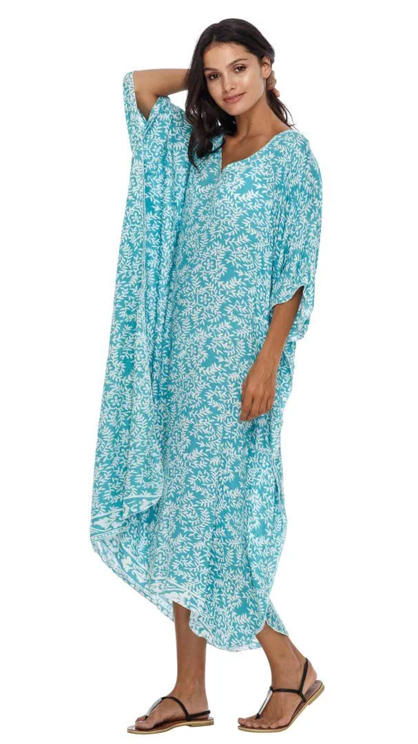 SHU-SHI Women's Long Beach Floral Caftan Tunic Dress - Swimsuit Cover-Up Loose Poncho