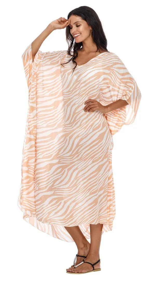 SHU-SHI Women's Long Beach Zebra Caftan Tunic Dress - Swimsuit Cover-Up Loose Poncho