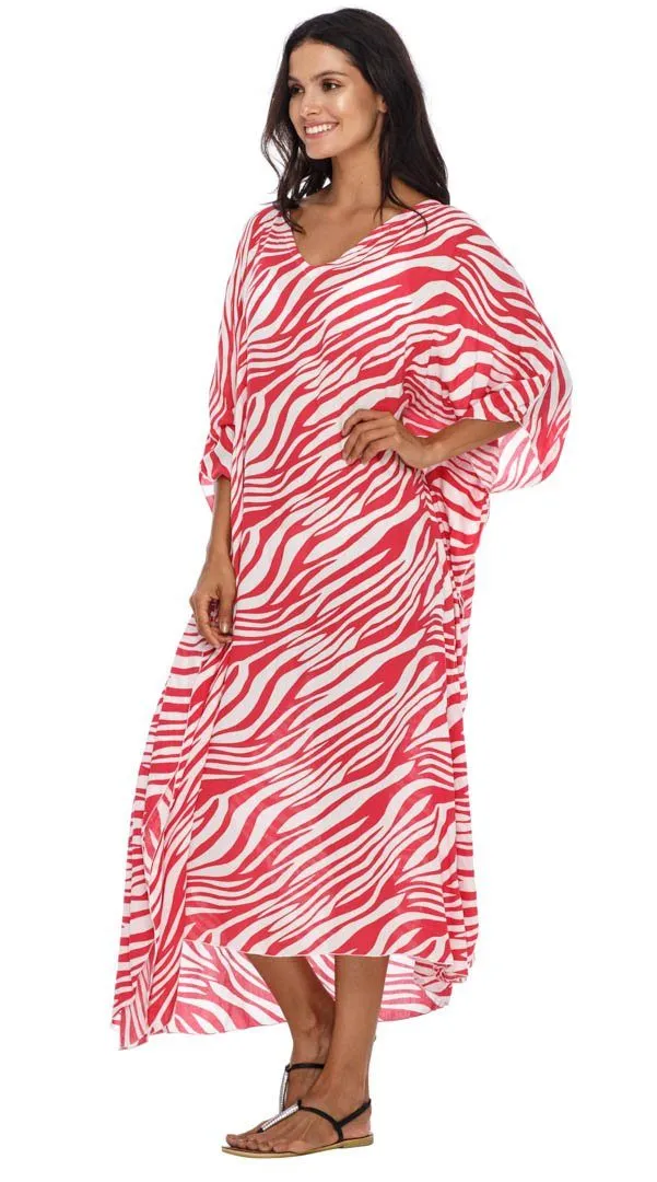 SHU-SHI Women's Long Beach Zebra Caftan Tunic Dress - Swimsuit Cover-Up Loose Poncho