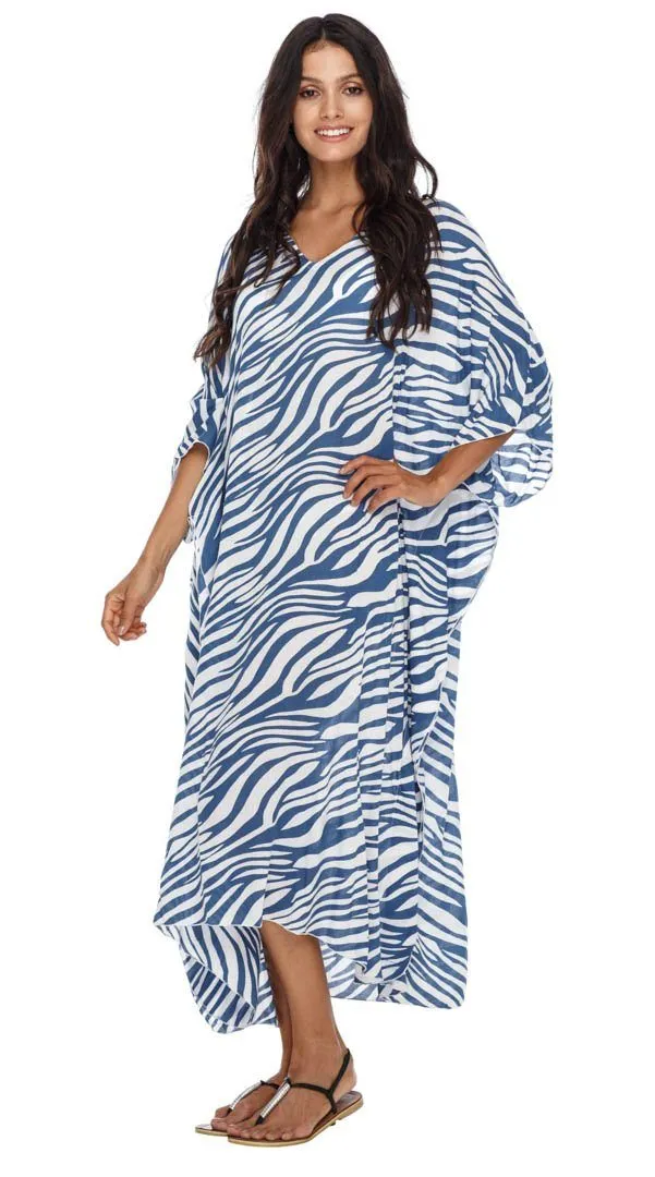 SHU-SHI Women's Long Beach Zebra Caftan Tunic Dress - Swimsuit Cover-Up Loose Poncho