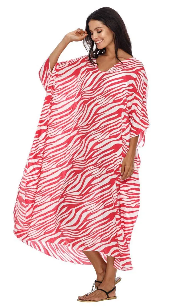 SHU-SHI Women's Long Beach Zebra Caftan Tunic Dress - Swimsuit Cover-Up Loose Poncho