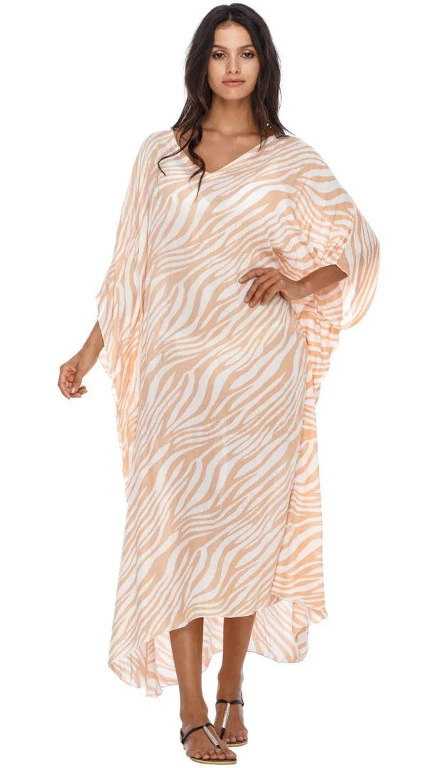 SHU-SHI Women's Long Beach Zebra Caftan Tunic Dress - Swimsuit Cover-Up Loose Poncho