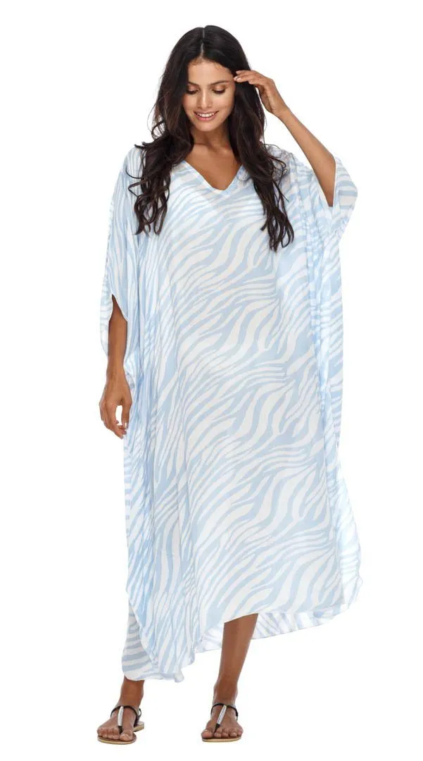 SHU-SHI Women's Long Beach Zebra Caftan Tunic Dress - Swimsuit Cover-Up Loose Poncho