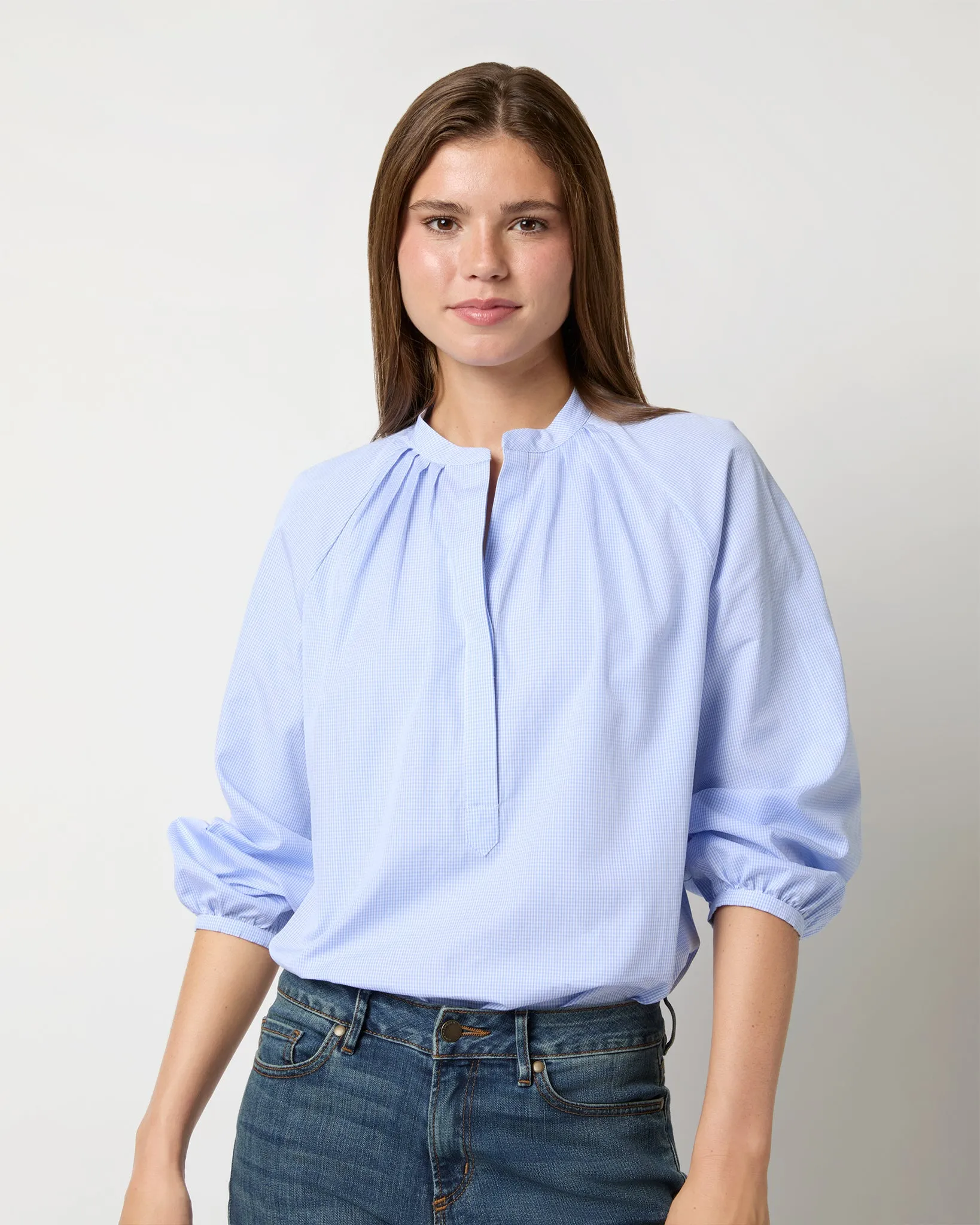 Sienna Top in Sky/White Mini Check Poplin