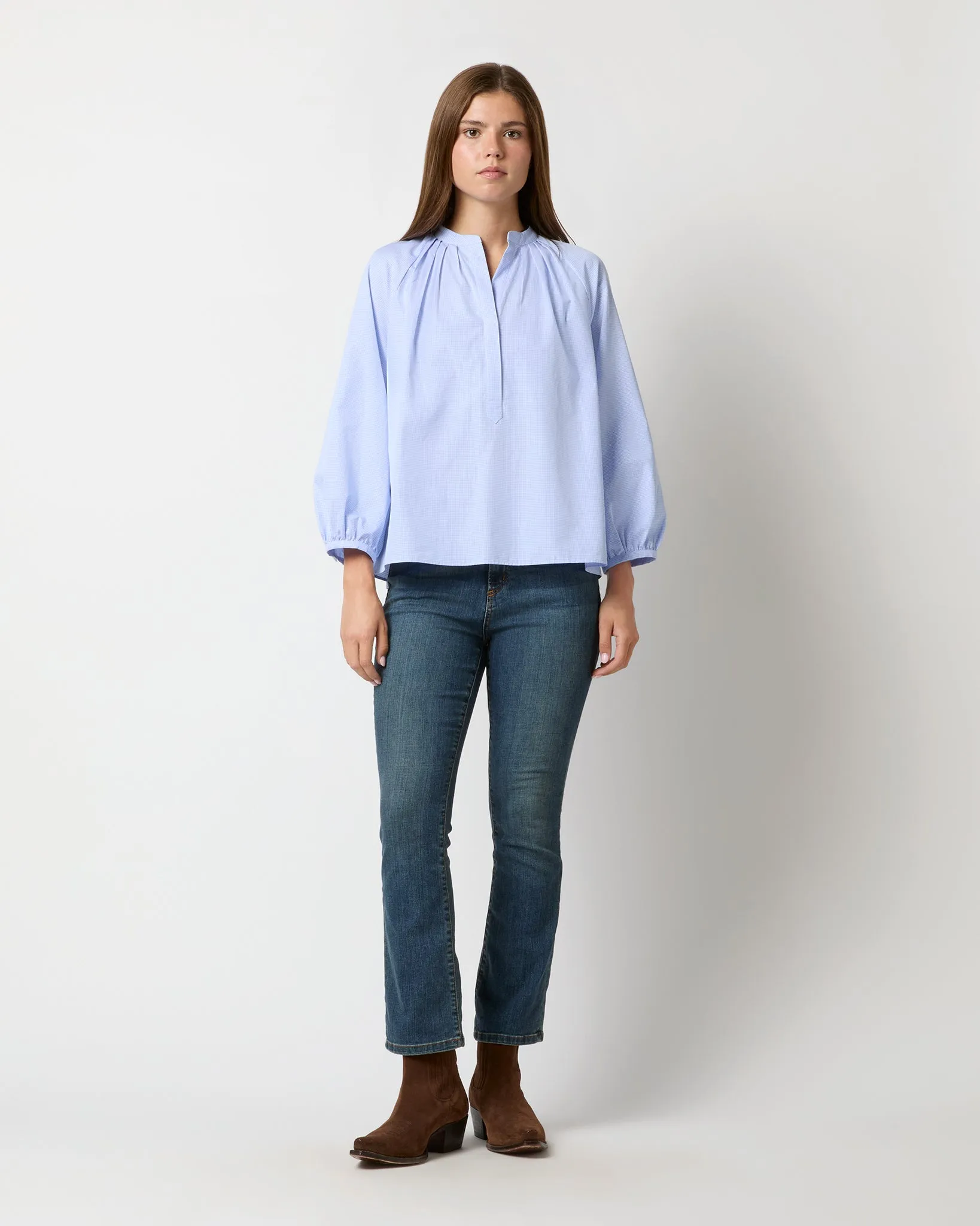 Sienna Top in Sky/White Mini Check Poplin