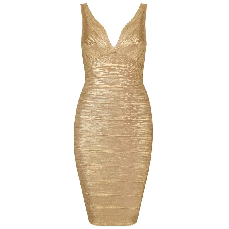 Sleeveless Deep V-neck Foil Print Bandage Midi Dress (4 colors)