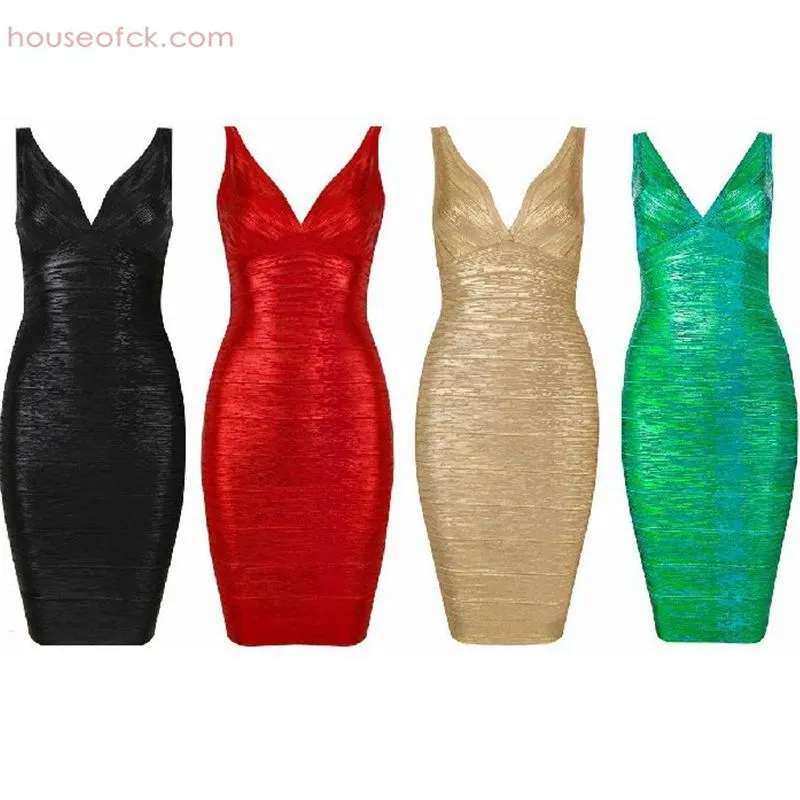 Sleeveless Deep V-neck Foil Print Bandage Midi Dress (4 colors)