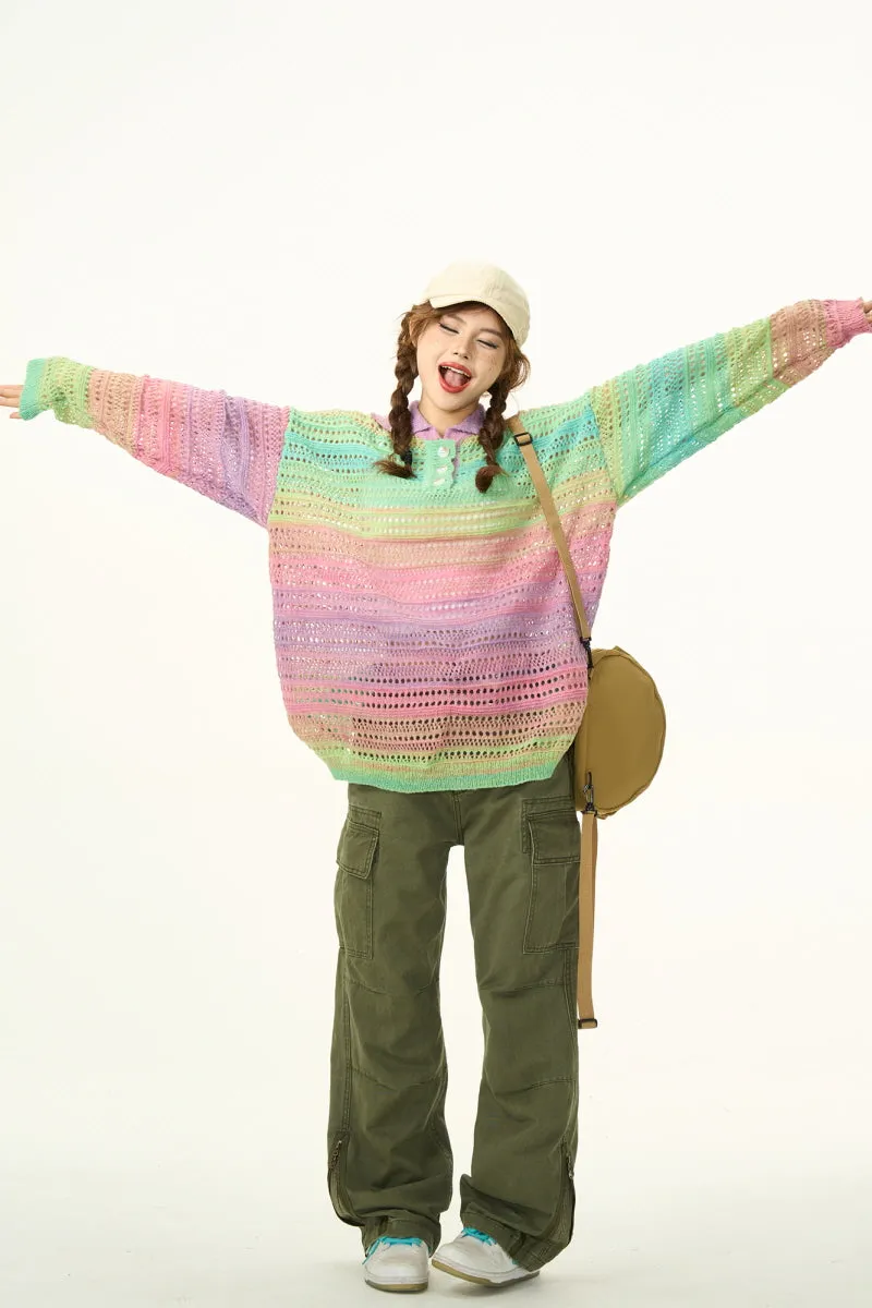 Slouchy Wind Knitwear Rainbow Contrast Sweater Loose Lazy Drape Top