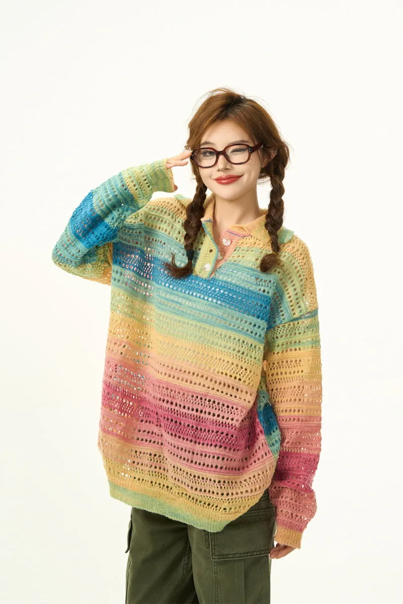 Slouchy Wind Knitwear Rainbow Contrast Sweater Loose Lazy Drape Top