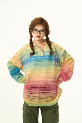 Slouchy Wind Knitwear Rainbow Contrast Sweater Loose Lazy Drape Top