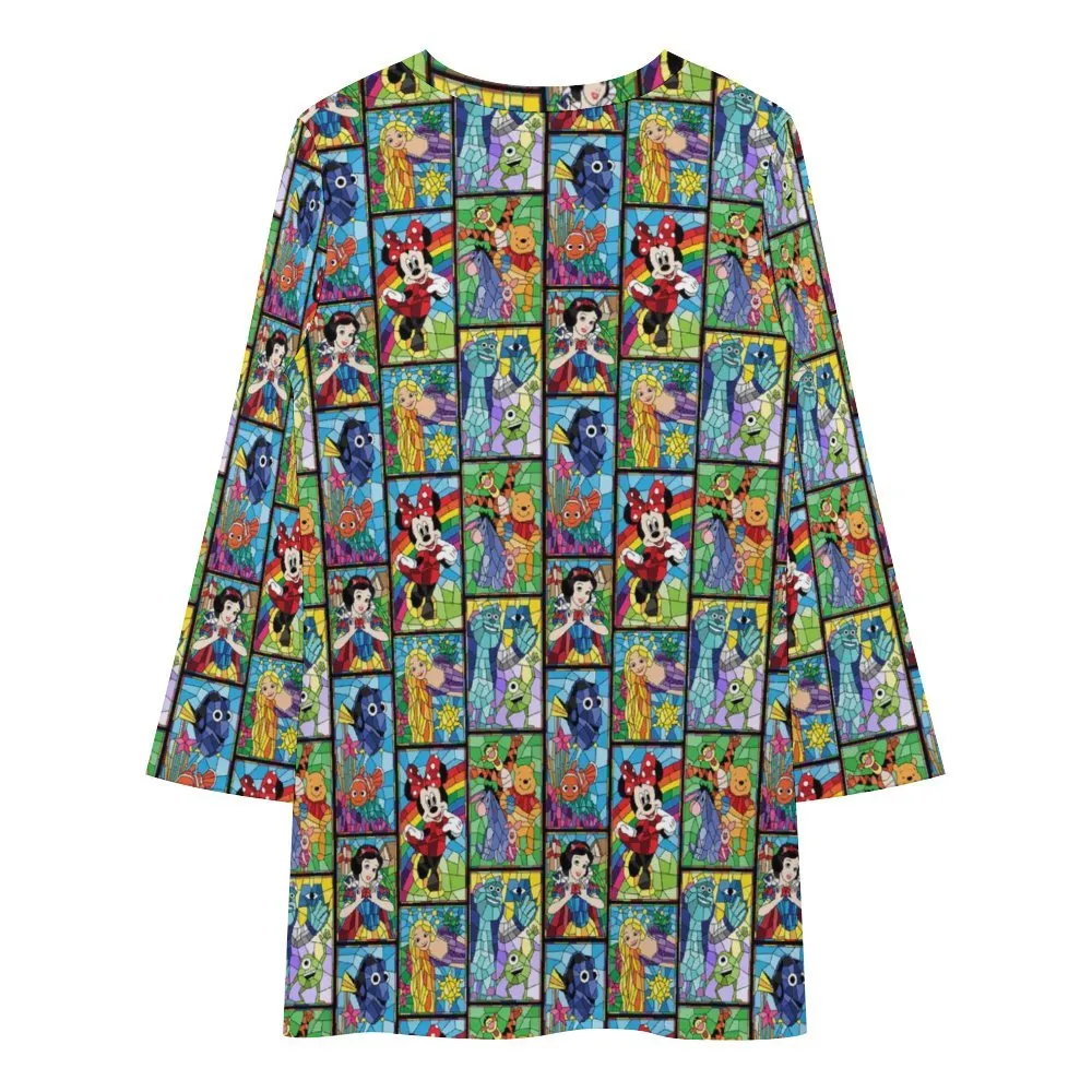 Stained Glass Characters Long Sleeve Patchwork T-shirt Dress