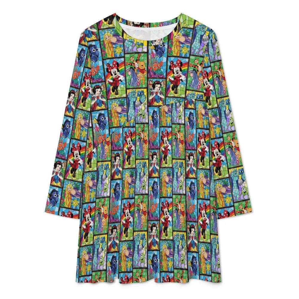 Stained Glass Characters Long Sleeve Patchwork T-shirt Dress