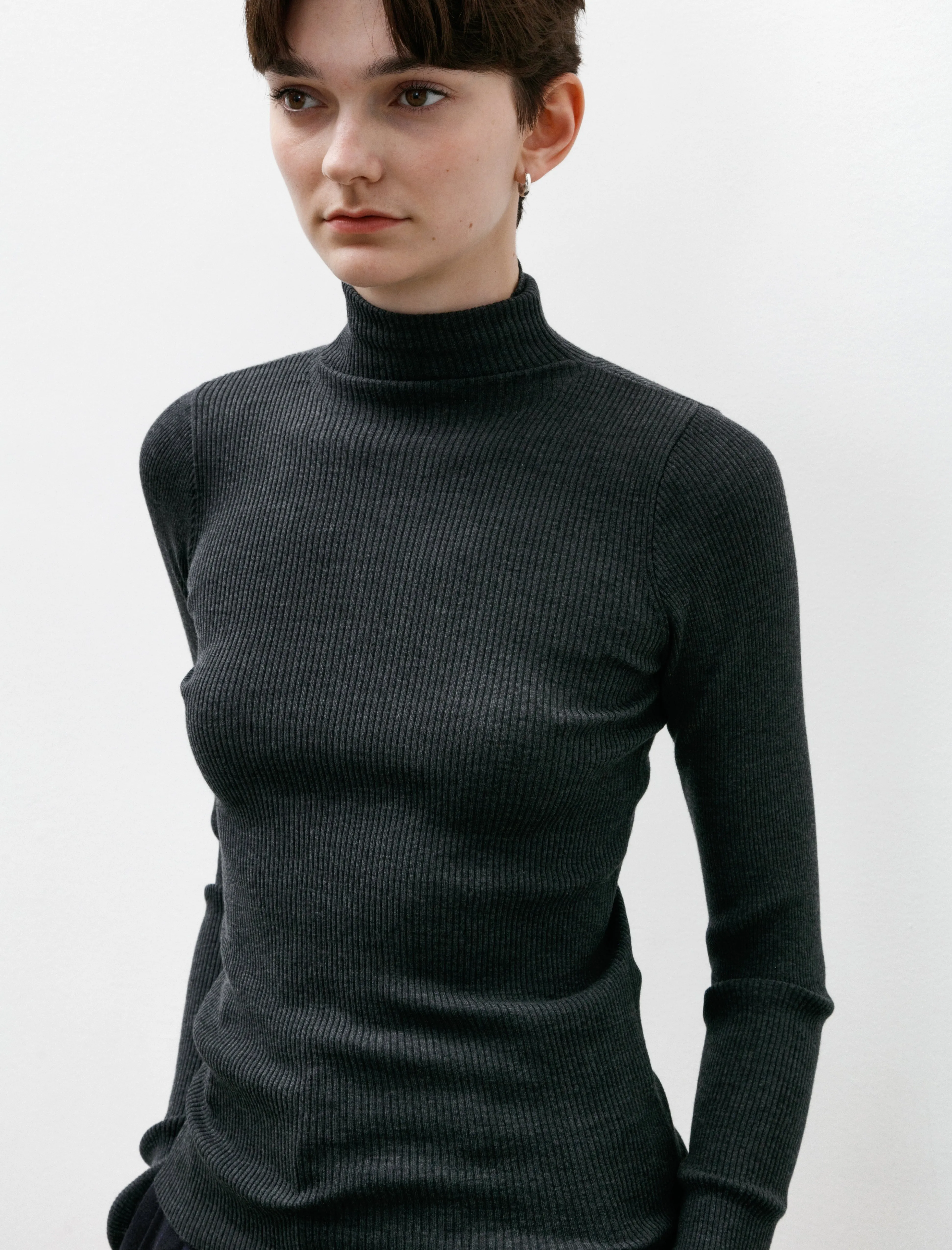 Super Fine Wool High Gauge Rib Turtleneck Charcoal