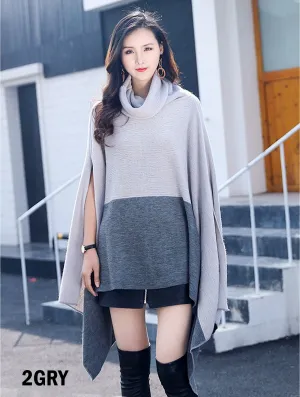 Super Soft Turtle Neck Side Slit Two-Tone Poncho