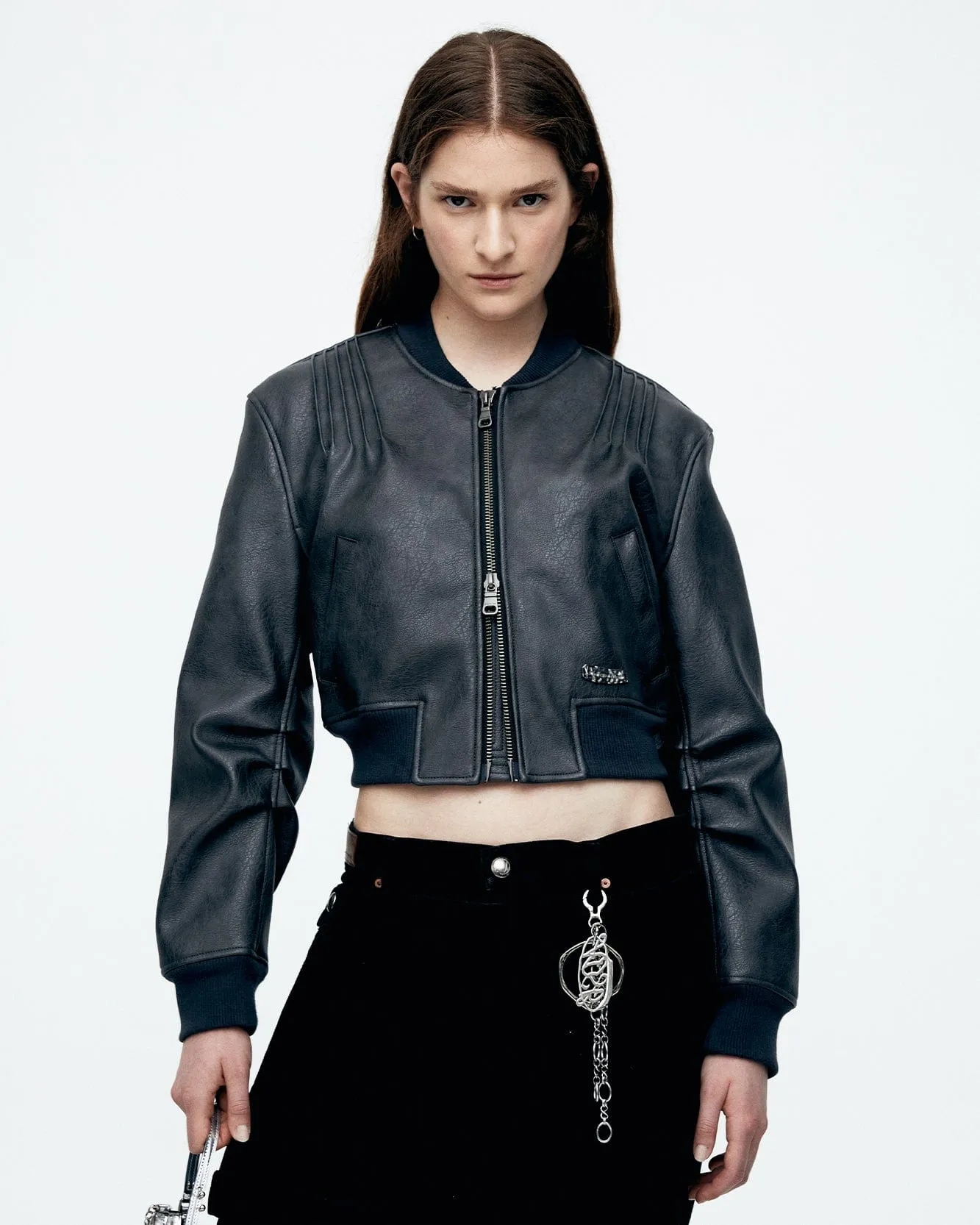 TANYA FAUX LEATHER PINTUCK BOMBER JACKET awa516w(ANTHRACITE)