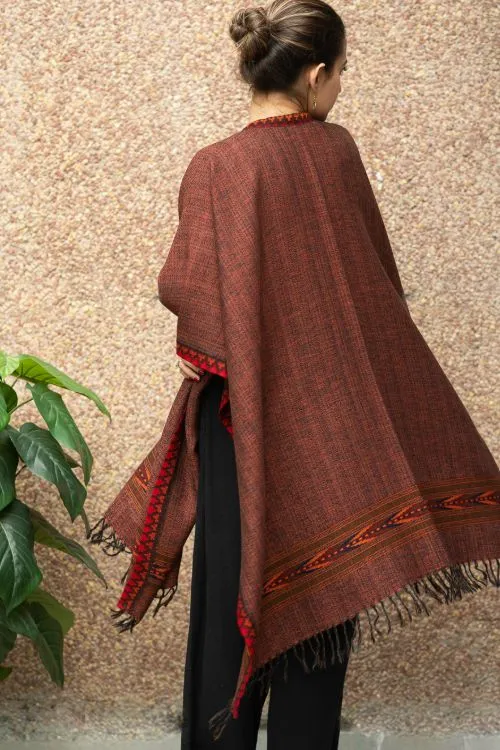 TICH Fine, Soft Himachal Wool Poncho Wrap With Woven Kinnauri Border - Brown Rust