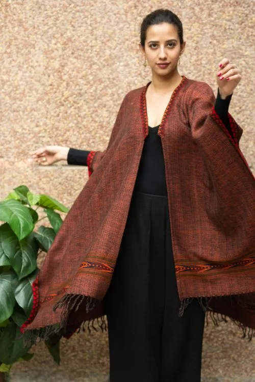 TICH Fine, Soft Himachal Wool Poncho Wrap With Woven Kinnauri Border - Brown Rust