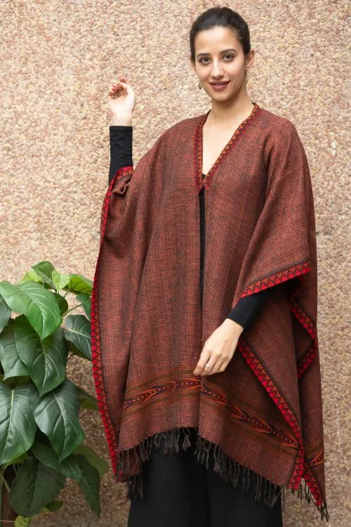 TICH Fine, Soft Himachal Wool Poncho Wrap With Woven Kinnauri Border - Brown Rust