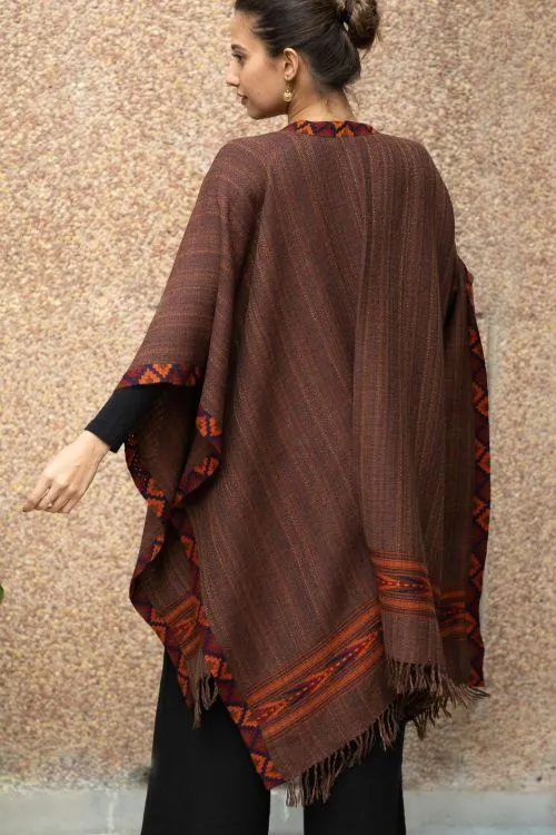 TICH Fine, Soft Himachal Wool Poncho Wrap With Woven Kinnauri Border - Brown Shades