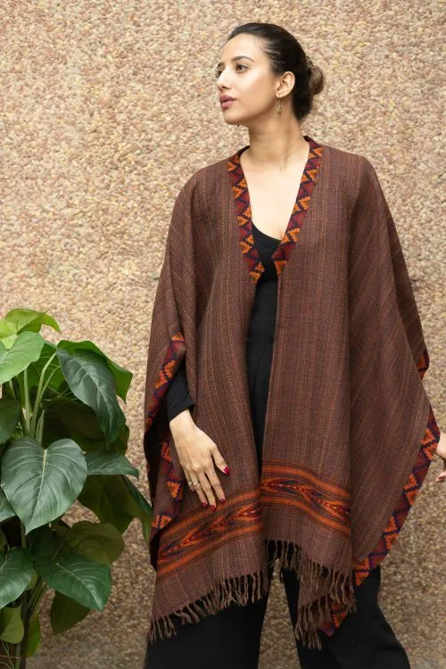 TICH Fine, Soft Himachal Wool Poncho Wrap With Woven Kinnauri Border - Brown Shades