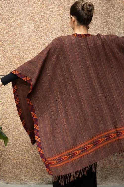 TICH Fine, Soft Himachal Wool Poncho Wrap With Woven Kinnauri Border - Brown Shades