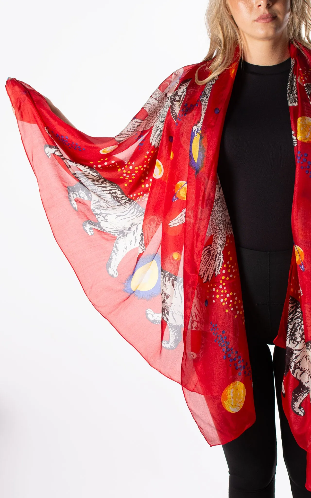 Tiger Eagle Snake Red Silk Scarf