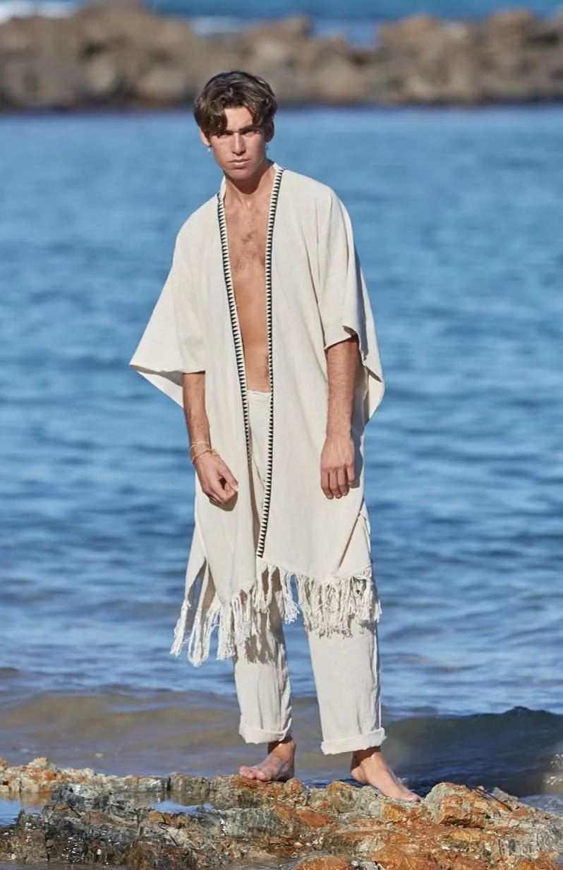 Tribal Frayed Kimono for Men - Cream