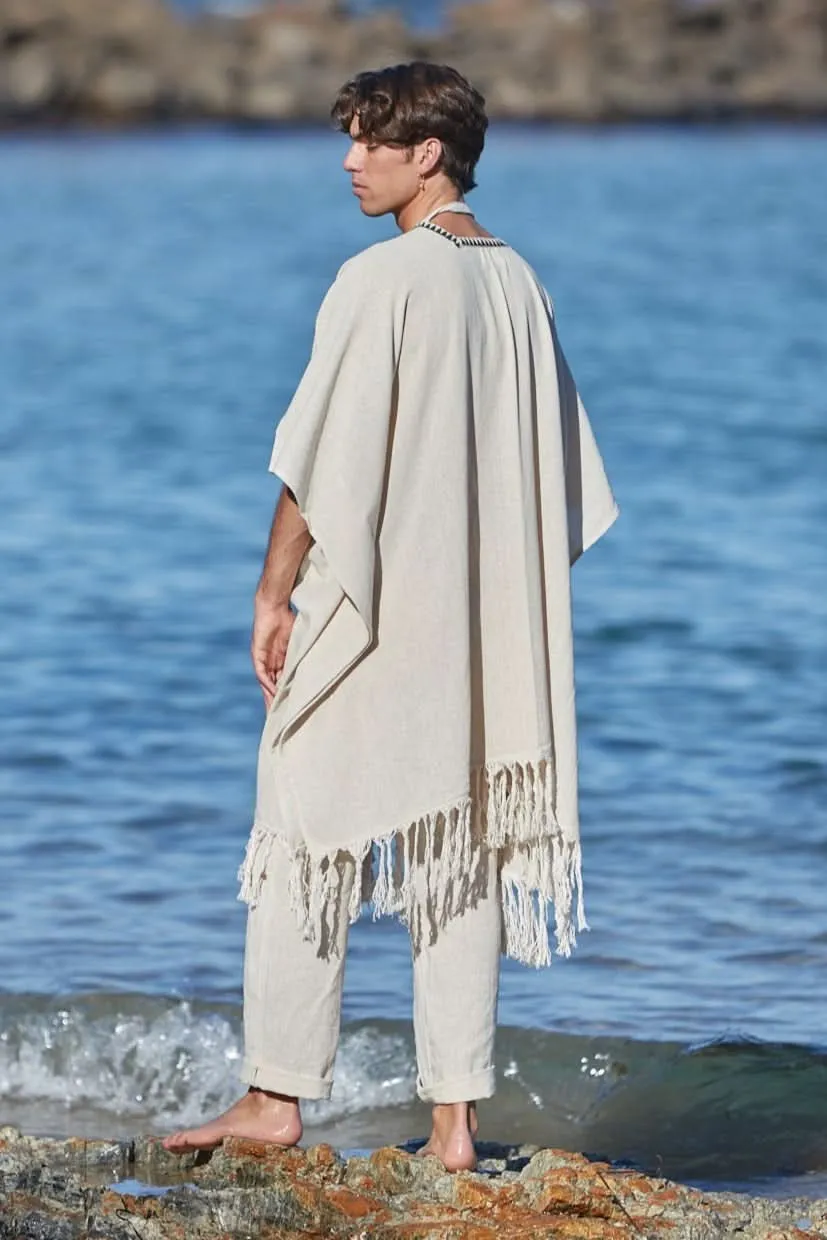 Tribal Frayed Kimono for Men - Cream