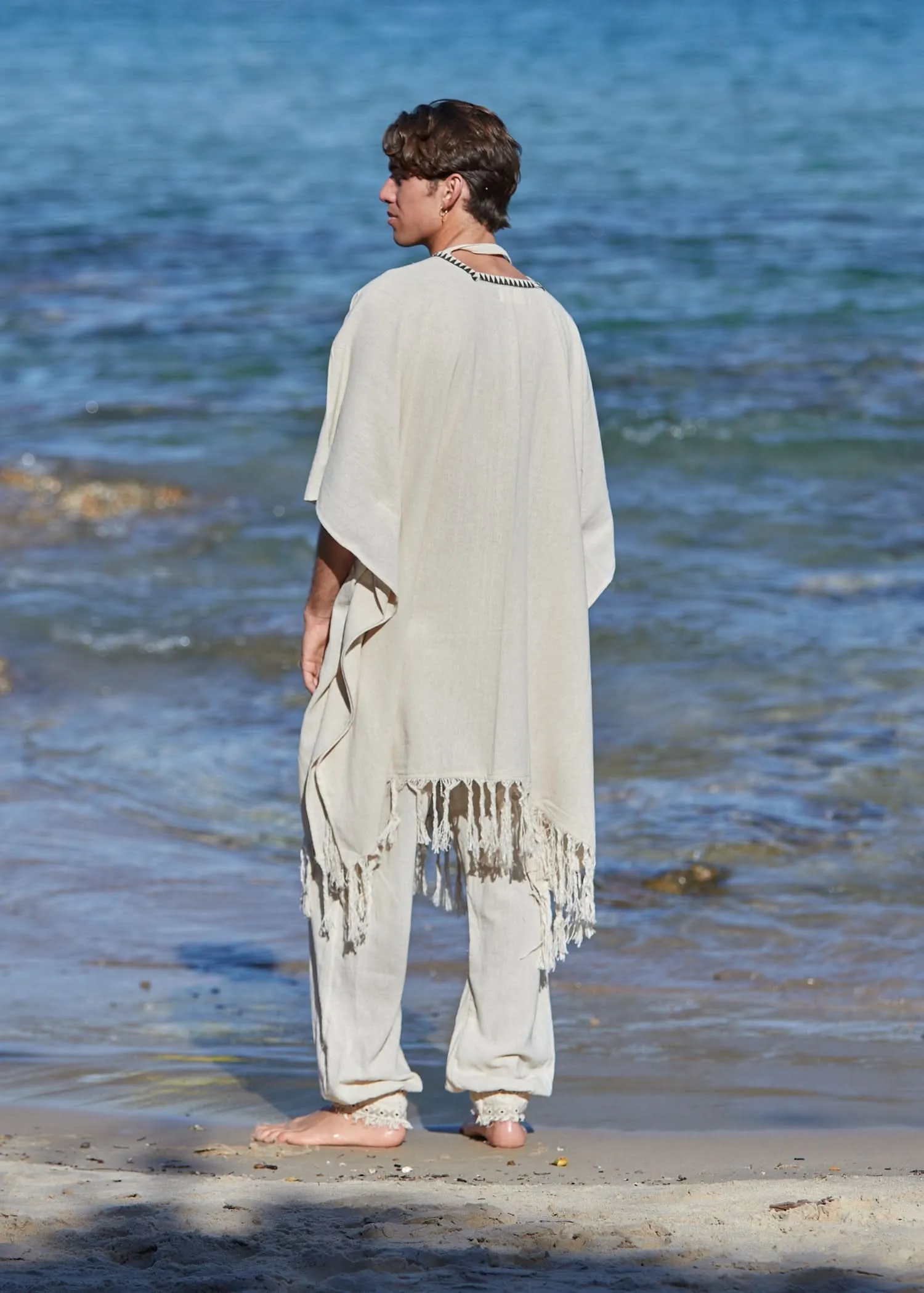 Tribal Frayed Kimono for Men - Cream