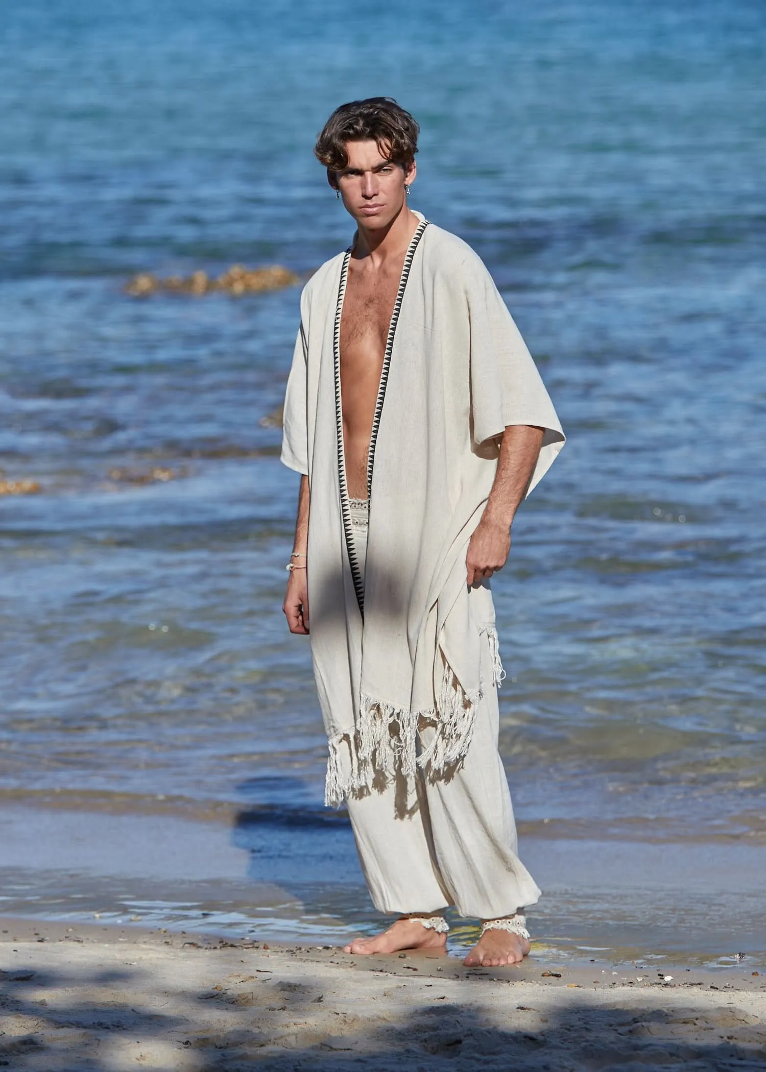 Tribal Frayed Kimono for Men - Cream