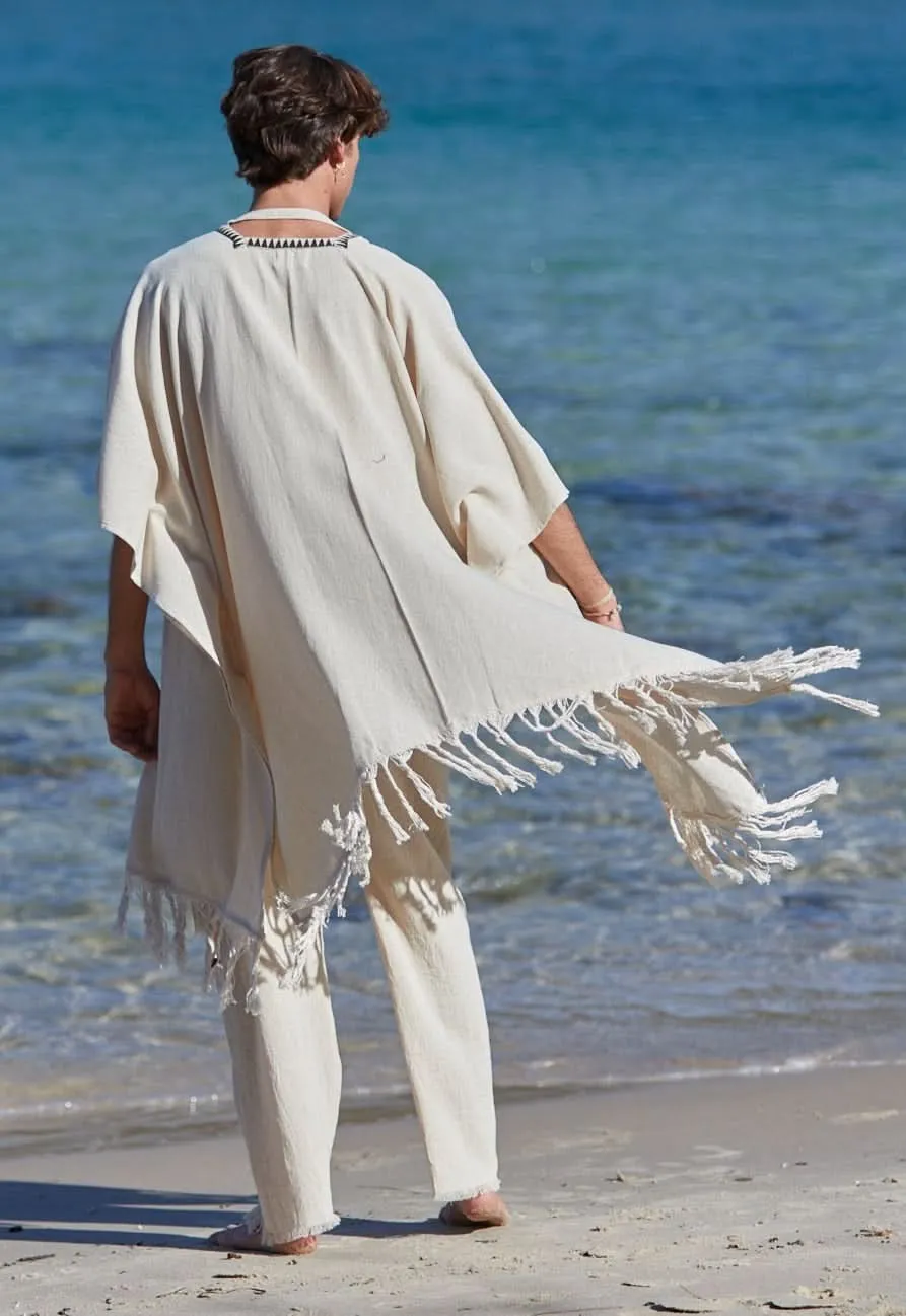 Tribal Frayed Kimono for Men - Cream