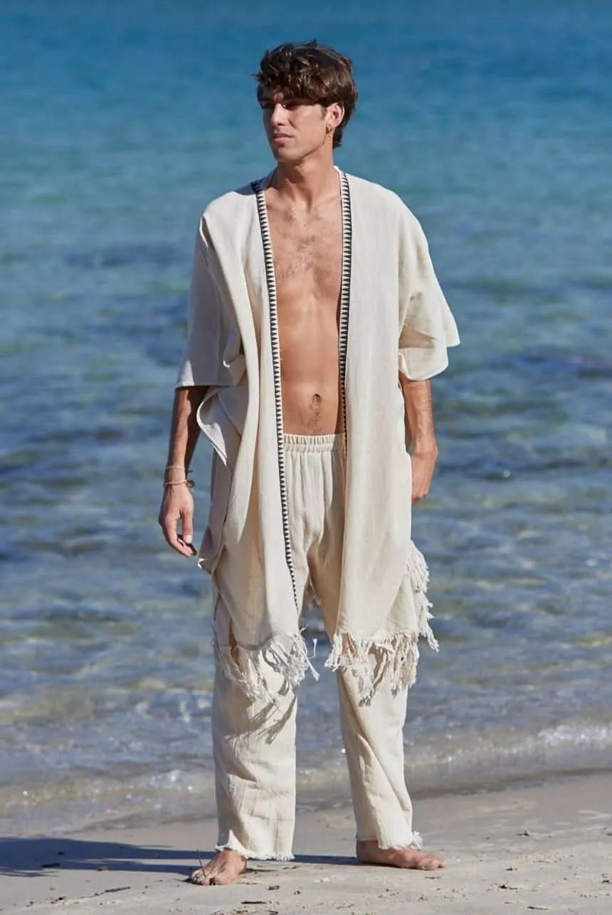 Tribal Frayed Kimono for Men - Cream