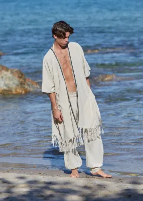 Tribal Frayed Kimono for Men - Cream