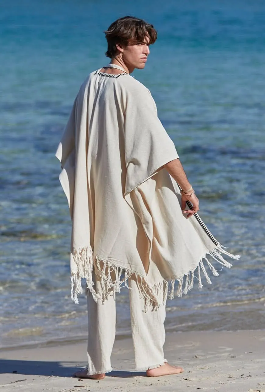 Tribal Frayed Kimono for Men - Cream