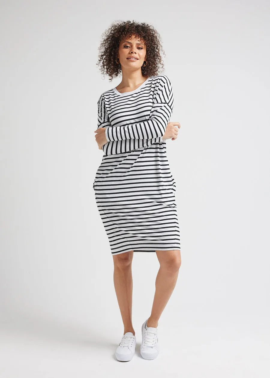 Turner Long-Sleeve Bamboo T-Shirt Dress - Grey Marle & Black Stripe