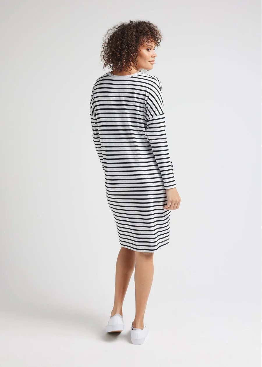 Turner Long-Sleeve Bamboo T-Shirt Dress - Grey Marle & Black Stripe