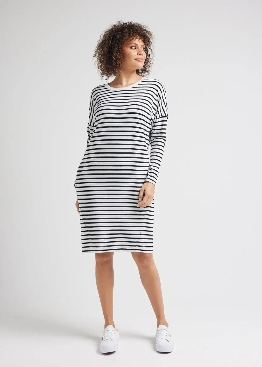 Turner Long-Sleeve Bamboo T-Shirt Dress - Grey Marle & Black Stripe