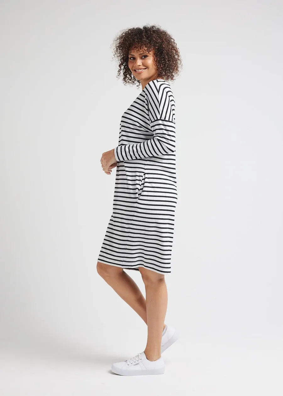 Turner Long-Sleeve Bamboo T-Shirt Dress - Grey Marle & Black Stripe